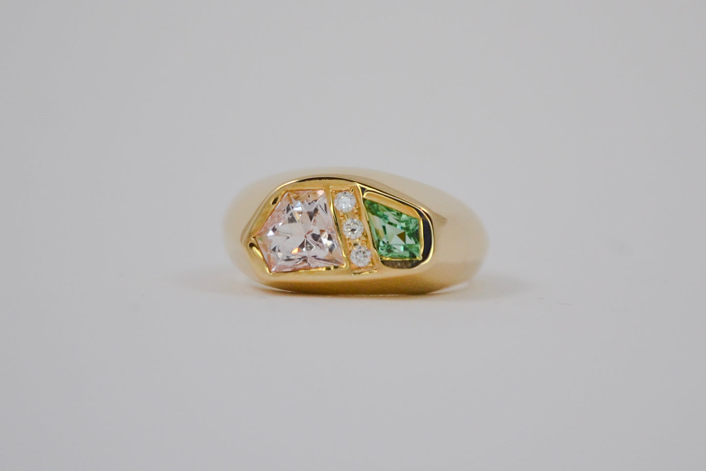 Chevalière en Or Jaune 14K Tourmalines et Diamants