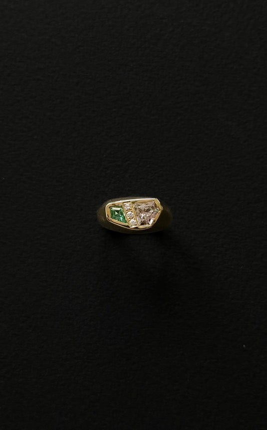 Chevalière en Or Jaune 14K Tourmalines et Diamants